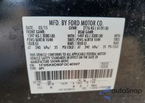 2015 Ford Explorer Xlt из США, поврежденный, VIN 1FM5K8D80FGC40997